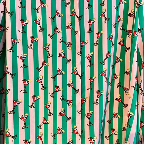 Alice & Olivia Willa Silk Shirt Martini Print Pale Pink & Green Stripes - Large - Picture 5 of 7